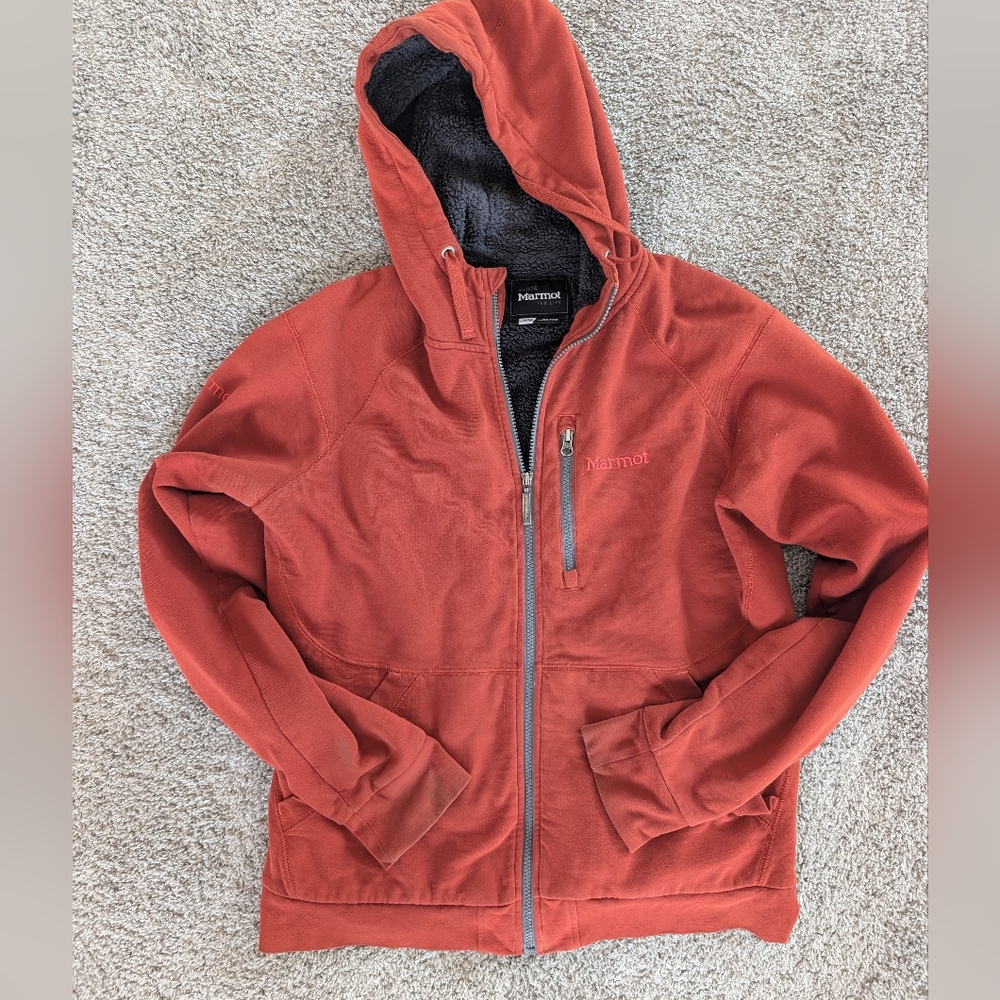 Marmot Men’s Burnt Orange Sherpa Fleece Lined Full Zip Hoodie Jacket Size Medium